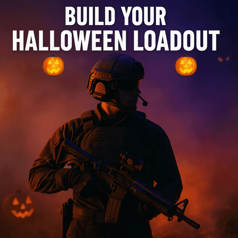 Halloween tactical gift guide hero—soldier in plate carrier with AR-15 and optic at dusk.