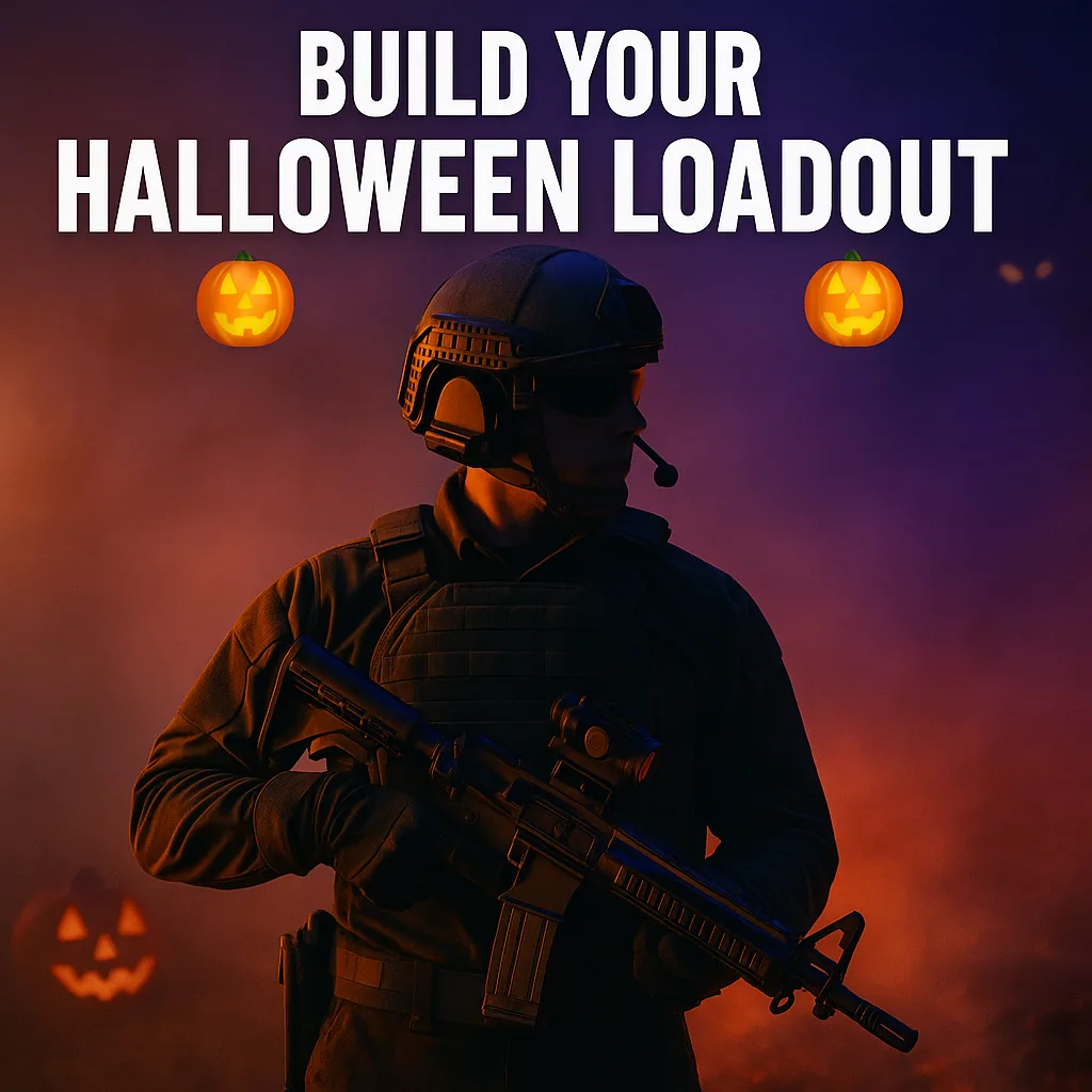 Halloween tactical gift guide hero—soldier in plate carrier with AR-15 and optic at dusk.