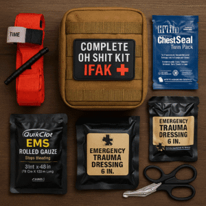 best tactical essentials 2025 - Flat-lay of tactical gear including carrier, armor plates, red dot, light, and IFAK.