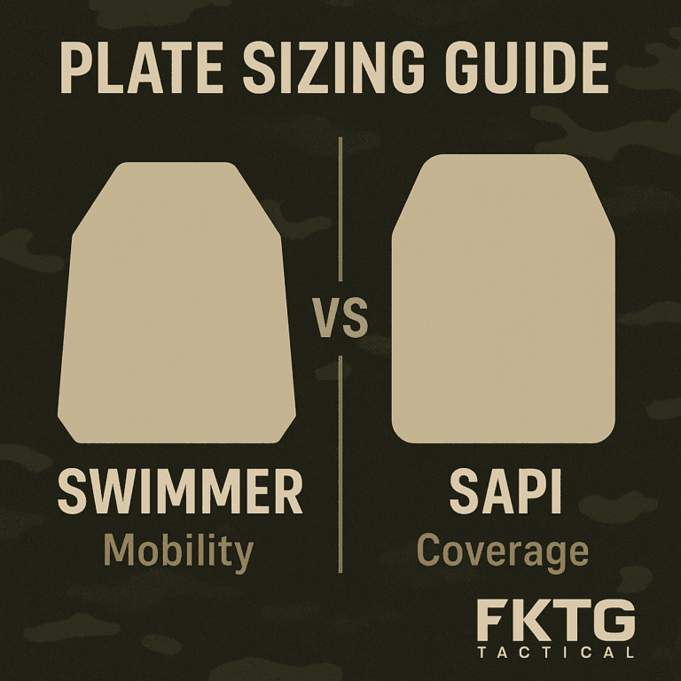 “Side-by-side comparison plate & carrier sizing of Swimmer and SAPI armor plates labeled ‘Mobility vs Coverage’ with a subdued camouflage background and FKTG Tactical logo.”