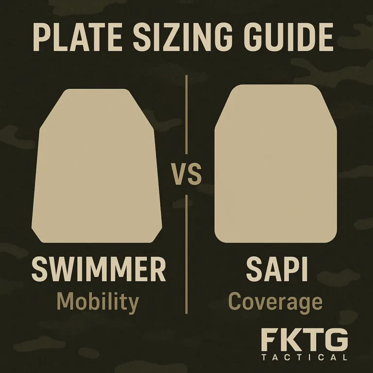 “Side-by-side comparison plate & carrier sizing of Swimmer and SAPI armor plates labeled ‘Mobility vs Coverage’ with a subdued camouflage background and FKTG Tactical logo.”