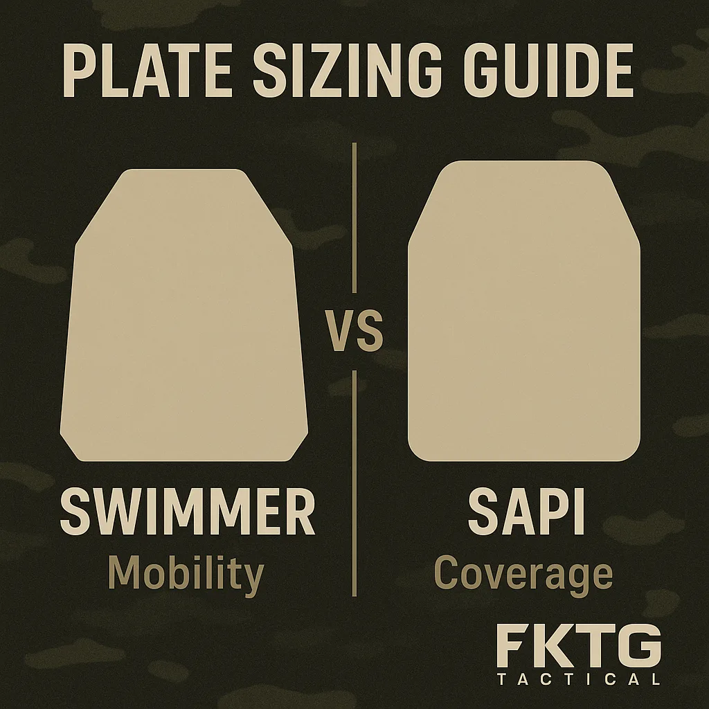“Side-by-side comparison plate & carrier sizing of Swimmer and SAPI armor plates labeled ‘Mobility vs Coverage’ with a subdued camouflage background and FKTG Tactical logo.”