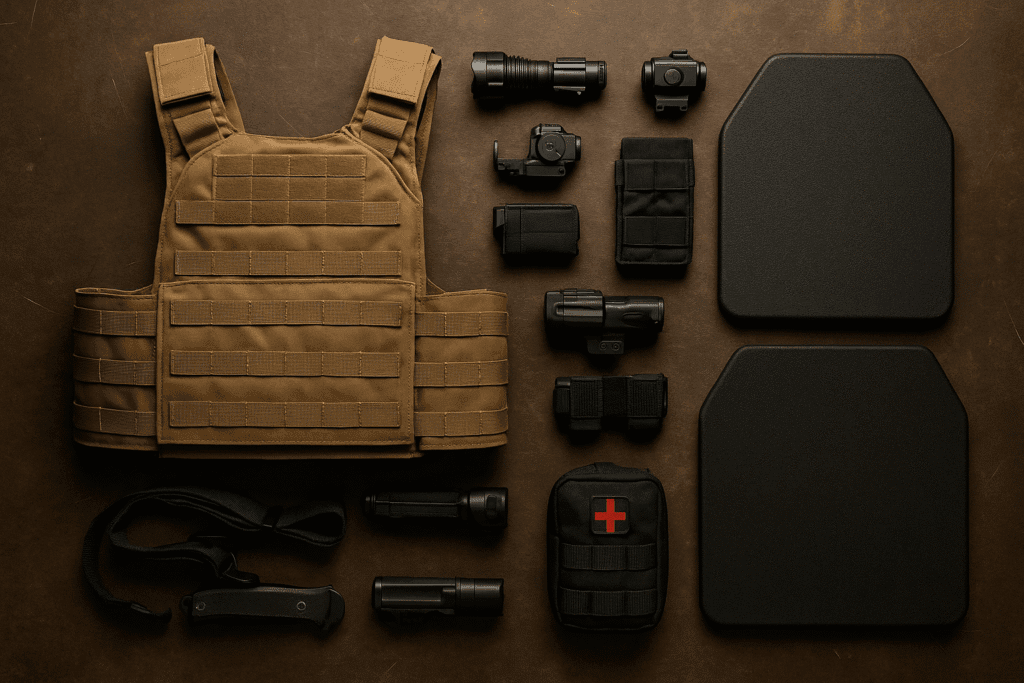 Flat-lay of tactical gear including carrier, armor plates, red dot, light, and IFAK.
