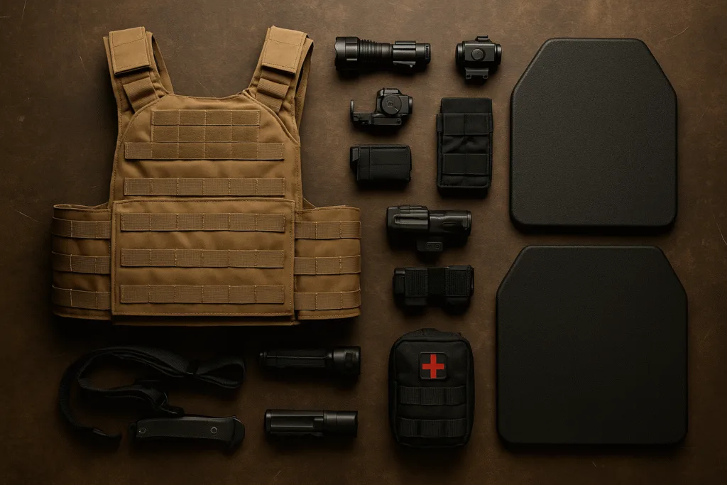 Flat-lay of tactical gear including carrier, armor plates, red dot, light, and IFAK.