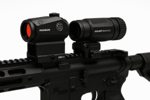 AR-15 upper receiver with Romeo5 and Juliet3 combo mounted inline, clean lighting.