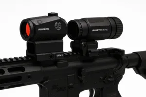 AR-15 upper receiver with Romeo5 and Juliet3 combo mounted inline, clean lighting.