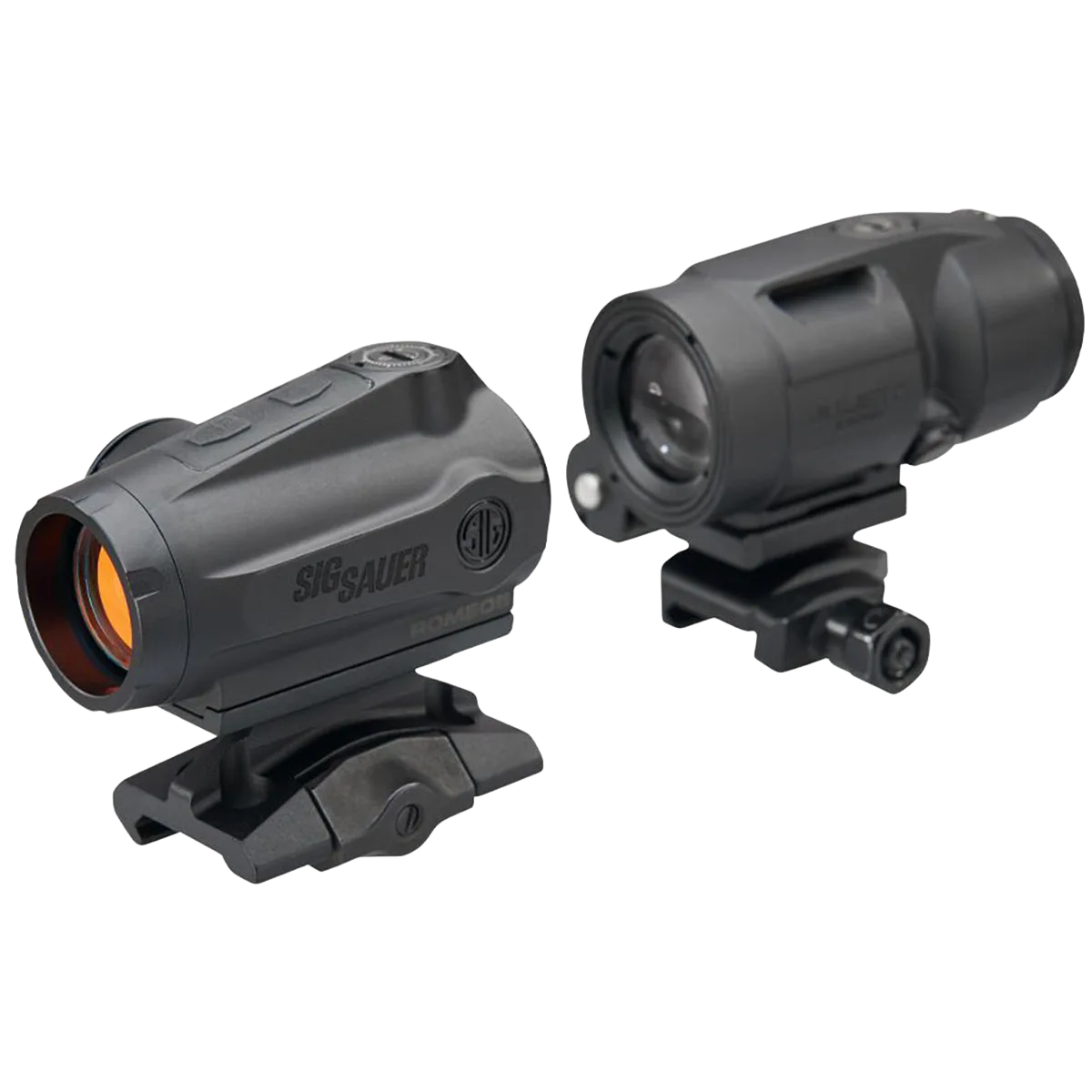 Sig Sauer Romeo5 GEN II red dot and Juliet3 Micro 3×22 magnifier combo mounted inline on AR-15 rail, black finish, white background.